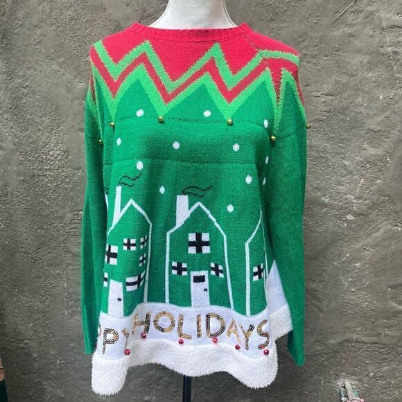 UGLY CHRISTMAS TREE SKIRT SWING SWEATER HAPPY HOLIDAYS SEQUINS WITH BELLS M NWOT - Picture 2 of 8